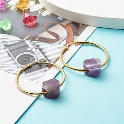 女の子の女性のためのハートナチュラルアメジストビーズイヤリング  304ステンレススチールビッグフープピアス  ゴールドカラー  49x39.5mm  ピン：0.8mm&nbsp;EJEW-JE04638-02
