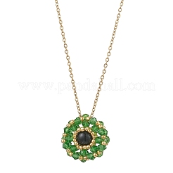 Collier avec pendentif rond plat en œil de tigre vert naturel teinté et perles de verre&nbsp;NJEW-MZ00129-05