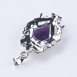 天然石アメジストペンダント  真鍮パーツ  ダイヤモンドの形をした花  プラチナ  41.5x26x7.5~8mm  穴：5x7.5~8mm&nbsp;G-P352-A08
