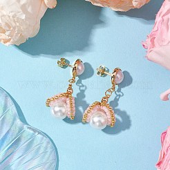 ガラスシードビーズシェル型ダングルスタッドピアス  ガラスパールビーズ付き  ゴールドカラー  36x17mm&nbsp;EJEW-MZ00273