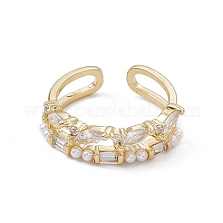 Открытое кольцо-манжета из прозрачного кубического циркония с конским глазом и пластиковым жемчугом RJEW-G276-12G