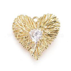 Brass Pendant, with Cubic Zirconia, Heart, Clear, Golden, 19x20.5x4.5mm, Hole: 1.5mm