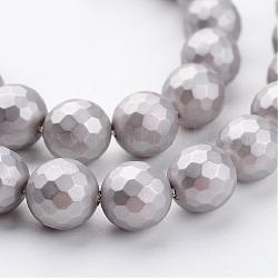 Shell Pearl Bead Strands, Frosted, Faceted, Round, Light Grey, 8mm, Hole: 1mm, about 48pcs/strand, 15.7 inch