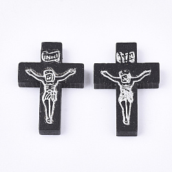 Printed Wooden Pendants, Crucifix Cross, For Easter, Dyed, Black, 32.5~33.5x21~22x4.5mm, Hole: 2mm