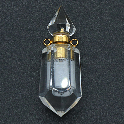 天然水晶香水瓶ペンダント  2つの穴と合金のパーツ  エッセンシャルオイル用  香りの収納  弾丸  41x15mm