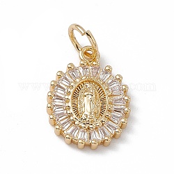 Rack Plating Brass Micro Pave Cubic Zirconia Pendants, Cadmium Free & Lead Free, Long-Lasting Plated, with Jump Ring, Oval with Religion Virgin Mary Charm, Real 18K Gold Plated, 17x12x2.5mm, Hole: 2.5mm