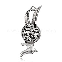 Hollow Rabbit Tibetan Style Alloy Pendants, Bunny Charms, Antique Silver, 43x16x8mm, Hole: 2mm