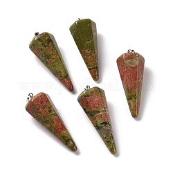 Pendentifs d'unakite naturelle, avec les accessoires en laiton plaqués de platine, facette, cône, 35~36x13~14x12~12.5mm, Trou: 2.7x6.5mm