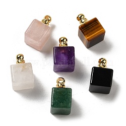 Pendentifs de bouteille de parfum de pierres précieuses mélangées naturelles, Breloques carrées avec 304 accessoires en acier inoxydable plaqués or, 19x12x12mm, Trou: 2mm
