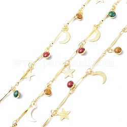Brass Bar Link Chain, with Enamel Pendants, Long-Lasting Plated, Moon & Star, Soldered, with Spool, Golden, 14x1mm, about 10.93 yards(10m)/roll