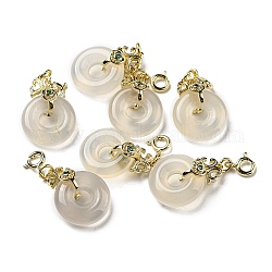 Decorazioni pendenti a ciambella in agata bianca naturale, ornamenti in ottone con chiusure ad anello a molla, vero placcato oro 14k, 32mm, Foro: 3 mm