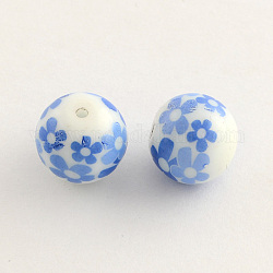 Flower Picture Glass Beads, Round, Cornflower Blue, 14x13mm, Hole: 1.5mm