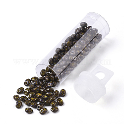 Perles de rocaille avec 2 trou, Perles de verre tchèques, style de peinture de cuisson opaque, vert jaune, 5x3.5~3.8x2.5~2.8mm, Trou: 0.9mm, environ 10 g / bouteille