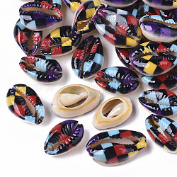 Perles de coquillage cauri naturelles imprimées, perles à carreaux, pas de trous / non percés, avec motif tartan, rouge, 18~21x12~15x7mm