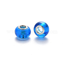 Handgemachte glasperlen murano glas großlochperlen, großes Loch Rondell Perlen, mit Platin-Ton Messing Doppeladern, Verdeck blau, 14~15x9~10 mm, Bohrung: 5 mm