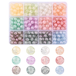 300pcs 12 couleurs brins de perles de verre craquelées translucides, avec de la poudre de paillettes, ronde, couleur mixte, 8x7.5mm, Trou: 1mm, 25 pcs / couleur