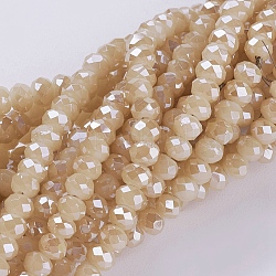 Abalorios de vidrio electroplate hebras, lustre de la perla chapado, facetados, rerondana plana, caqui claro, 3~3.5x2~2.5mm, agujero: 0.8 mm, aproximamente 135~140 pcs / cadena, 14.6 pulgada (37 cm)