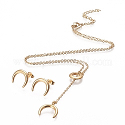 304 Stainless Steel Jeweley Sets, Cable Chain Lariat Necklaces and Stud Earrings, with Lobster Claw Clasps and Ear Nuts, Crescent/Double Horn, Golden, 18.11 inch(46cm), 14x12.5mm, Pin: 0.7mm