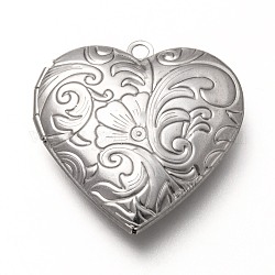 316 acciaio pendenti medaglione d'acciaio, cornice charms per collane, cuore con motivo floreale, colore acciaio inossidabile, 29x28.5x6.5mm, Foro: 2 mm, diametro interno: 17x21mm