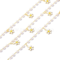 Cadenas de perlas de imitación hechas a mano de perlas de imitación de esmalte de flores y latón y abs, Plateado de larga duración, soldada, con carrete, dorado, 3~10x3~6.5x2~3mm, alrededor de 10.93 yarda (10 m) / rollo