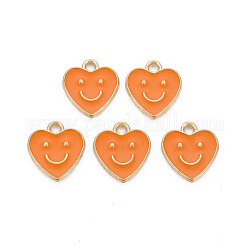 Legierung Emaille Anhänger / charms, cadmiumfrei und bleifrei, Licht Gold, Herz mit Lächeln, orange, 13x12x1.5 mm, Bohrung: 1.6 mm