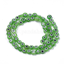 Hechos a mano de mal de ojo lampwork perlas hebras, plano y redondo, verde, 6x2.5mm, agujero: 1 mm, aproximamente 64~65 pcs / cadena, 14.1 pulgada ~ 14.5 pulgadas