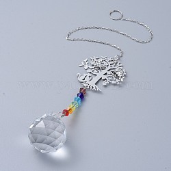 Cristal lustre suncatchers prismes chakra pendentif suspendu, avec des chaînes de câble de fer, perles de verre et pendentifs en laiton, arbre avec rond, clair, 350mm