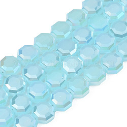 Galvanisieren Glasperlen, imitatorische Jade Perlen, ab Farbe plattiert, facettiert, Achteck, Himmelblau, 7~8x7~8x4 mm, Bohrung: 1.2 mm, ca. 72 Stk. / Strang, 20.47 Zoll (52 cm)