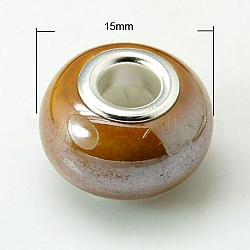 Rondelle Chocolate Handmade Porcelain Large Hole European Beads, with Silver Color Brass Double Cores, 15x11mm, Hole: 5mm
