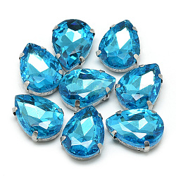 Cose en el rhinestone, Enlaces multifilares, Diamantes de imitación de cristal, con ajustes de 201 punta de acero inoxidable, accesorios de prendas de vestir, facetados, lágrima, cielo azul profundo, 14x10x6mm, agujero: 0.8~1 mm