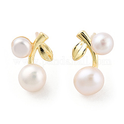 Boucles d'oreilles clous de cerises en perles naturelles avec 925 épingle en argent sterling, bijoux en laiton pour femmes, véritable 14k plaqué or, 13x8x5.5mm, pin: 0.9 mm