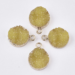 Electroplate Druzy Resin Pendants, with Iron Findings, Flat Round, Light Gold, Light Khaki, 16~17x12x6~7mm, Hole: 1mm