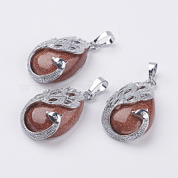 Synthetic Goldstone Pendants, with Brass Finding, Teardrop with Peacock, Platinum, 33x20x10.5mm, Hole: 5x6.5mm