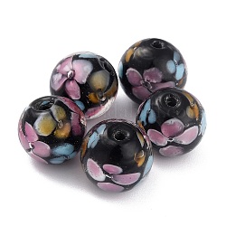 Runde Bunte Malerei-Perlen, Pflaumenblütenblattmuster, mit Loch, Schwarz, 12 mm, Bohrung: 1.8 mm