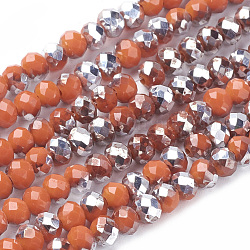 Electroplate Glass Bead Strands, Imitation Jade, Half Silver Plated, Faceted, Rondelle, Orange Red, 4x3mm, Hole: 1mm, about 140~145pcs/strand, 18.9 inch