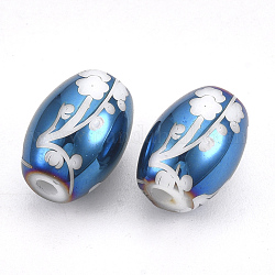 Perles en verre electroplate, canon avec motif de fleurs, bleu plaqué, 11x8mm, trou: 1.6 mm, 200 PCs / sac