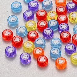 Transparent Acrylic Beads, Flat Round with Heart, Mixed Color, 7x4mm, Hole: 1.8mm, about 3700pcs/500g.