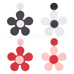 Fibloom 2 paia di orecchini asimmetrici con fiore in acrilico a 2 colori, orecchini pendenti in lega di platino da donna, colore misto, 66mm, ago :0.6mm, 1 paio / colore