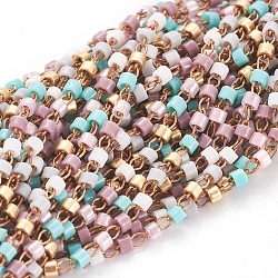 Chaînes de perles en verre manuels, soudé, avec des accessoires en laiton sans nickel brut (non plaqué), avec bobine, colorées, 1~2x0.9~1.5mm, environ 32.8 pied (10 m)/rouleau