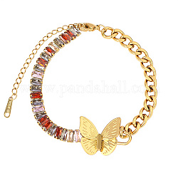 Lien bracelets en acier inoxydable, avec strass coloré, papillon, 5-7/8 pouce (15 cm)