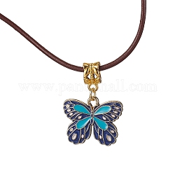 Colliers à pendentif papillon en alliage émaillé, avec cordon en cuir de vachette, bleu de Prusse, 19.61~19.80 pouce (49.8~50.3 cm)