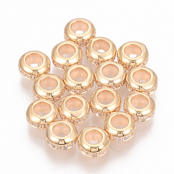 Brass Cubic Zirconia Stopper Beads, with Rubber, Rondelle, Nickel Free, Real 18K Gold Plated, 6x3mm, Rubber Hole: 1mm