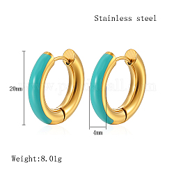Real 18K Gold Plated 304 Stainless Steel Hoop Earrings, with Enamel, Light Sea Green, 20x4mm