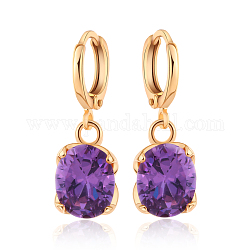 Real 18K Gold Plated Hot Trends Oval Brass Rhinestone Dangle Hoop Earrings, Purple Velvet, 25x8mm