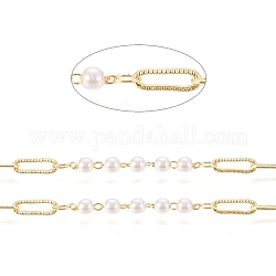 3.28 pie de cadenas de eslabones de latón hechos a mano, con perlas de vidrio de imitación de perlas, Plateado de larga duración, soldada, redondo, dorado, link: 9x3x0.7 mm, abalorios: 3 mm