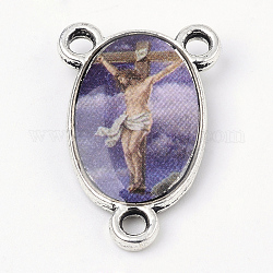 Alloy Chandelier Component Links, 3 Loop Connectors, Rosary Center Piece, Cadmium Free & Lead Free, For Easter, Oval with Jesus, Antique Silver, Medium Purple, 23x15x4mm, Hole: 2mm