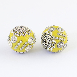 Perline tondo indonesia fatto a mano, con strass di cristallo e anime in lega, argento antico, giallo, 16~17x15~16mm, Foro: 1~2 mm