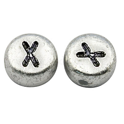 Perline con lettere a foro orizzontale in acrilico placcato color argento, rotondo e piatto, letter.x, 7x3.5mm, Foro: 1 mm, circa 360pcs/50g