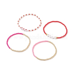 4Pcs 4 Style Heart & Word Kiss Plastic Beaded Stretch Bracelets Set, Glass Seed Bracelets for Women, Red, Inner Diameter: 2-1/4 inch(5.8cm), 1Pc/style