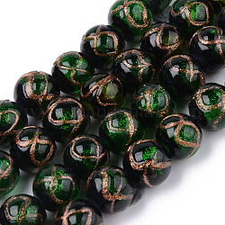 Perles vernissées de sable d'or manuelles , rond avec motif infini, vert foncé, 12x11mm, Trou: 2mm, Environ 45 pcs/chapelet, 16.69 pouce (50 cm)